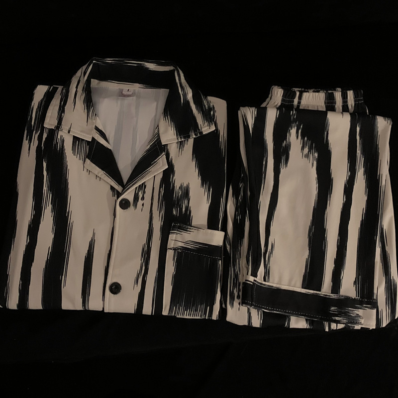 批发情侣睡衣春秋长袖长裤套装2023厂家新款水墨条纹家居服可外穿详情8