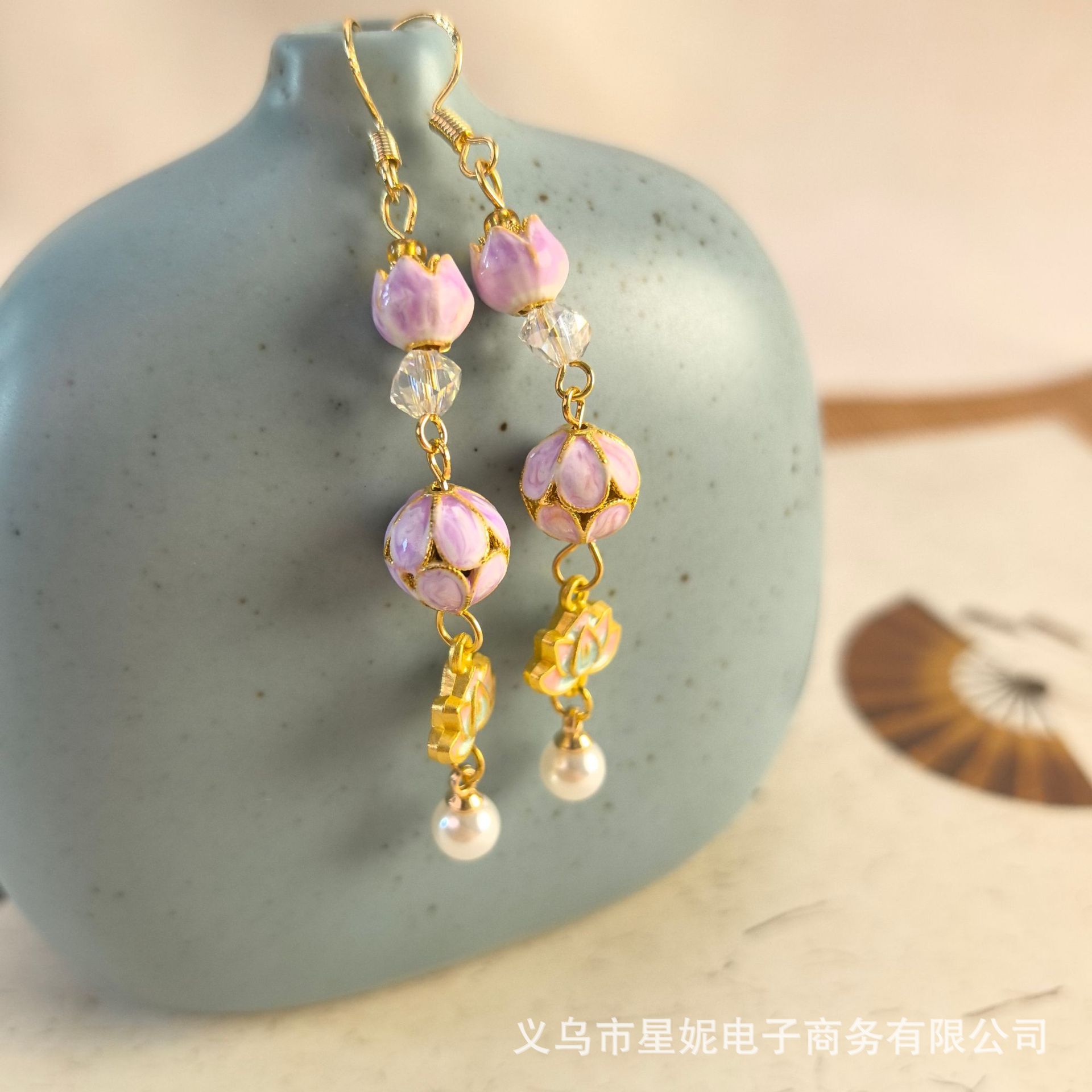 粉色莲花造型锆石耳环耳饰时尚耳饰品批发女款潮流耳环详情9