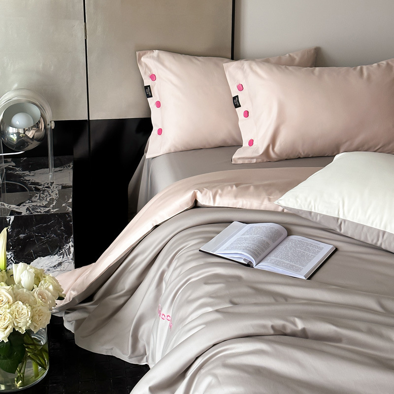 Simple, light luxury and fashionable solid-color long-staple cotton four-piece set, pure cotton letter-embroidered duvet cover, double bedding pic 113