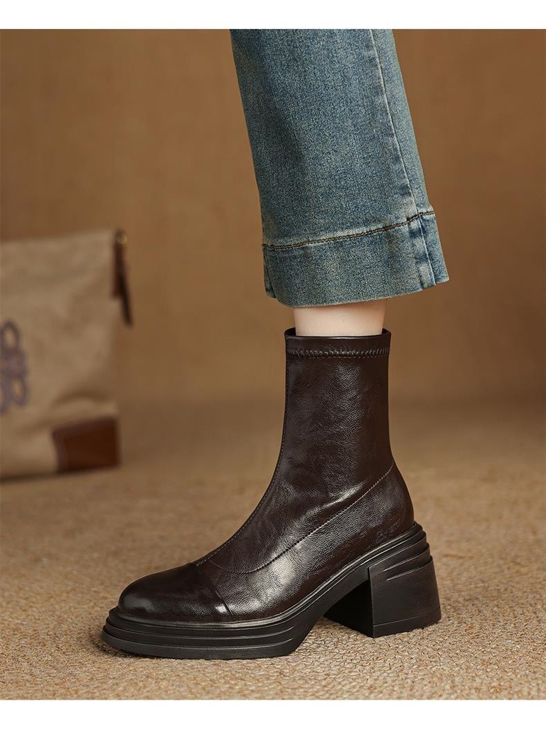 头层牛皮真皮弹力新款瘦瘦靴大码粗跟高跟短靴女秋冬厚底马丁靴详情21