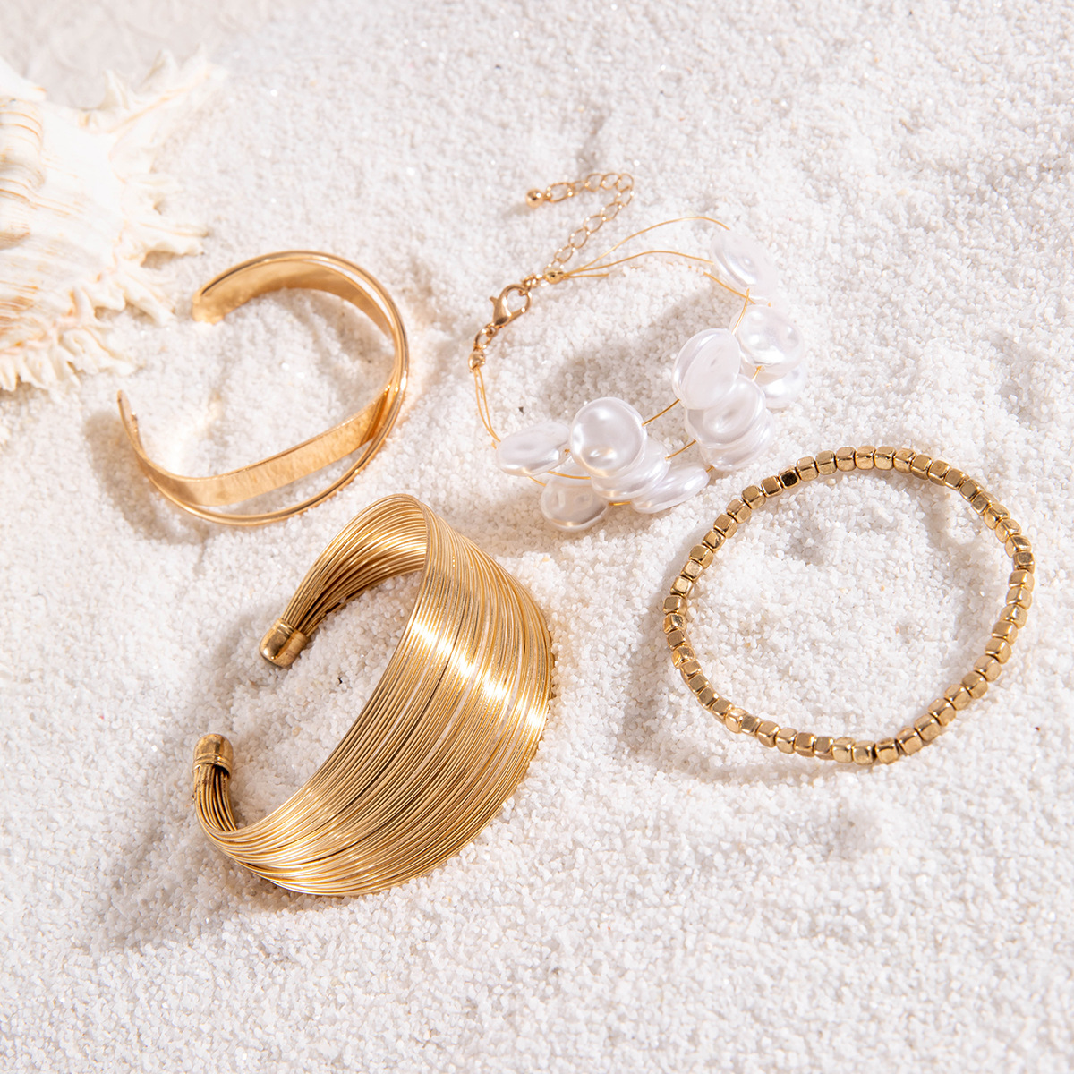 欧美跨境新款多层线条缠绕几何开口手镯套装朋克风波浪形串珠手链详情49