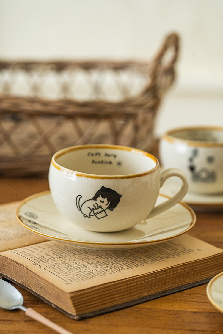 可爱卡通治愈插画日式猫咪陶瓷咖啡杯碟下午茶拿铁拉花杯高级感咖啡具套装详情10