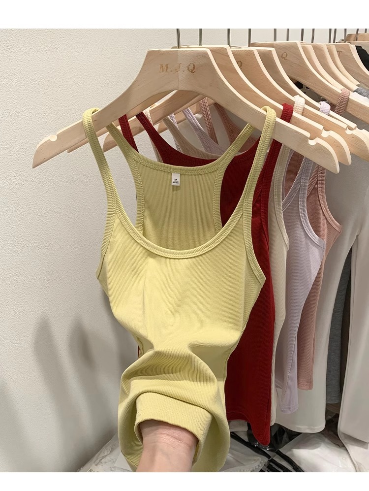 一件代发甜辣U领红色吊带女春夏修身螺纹内搭上衣美式细肩带背心详情24