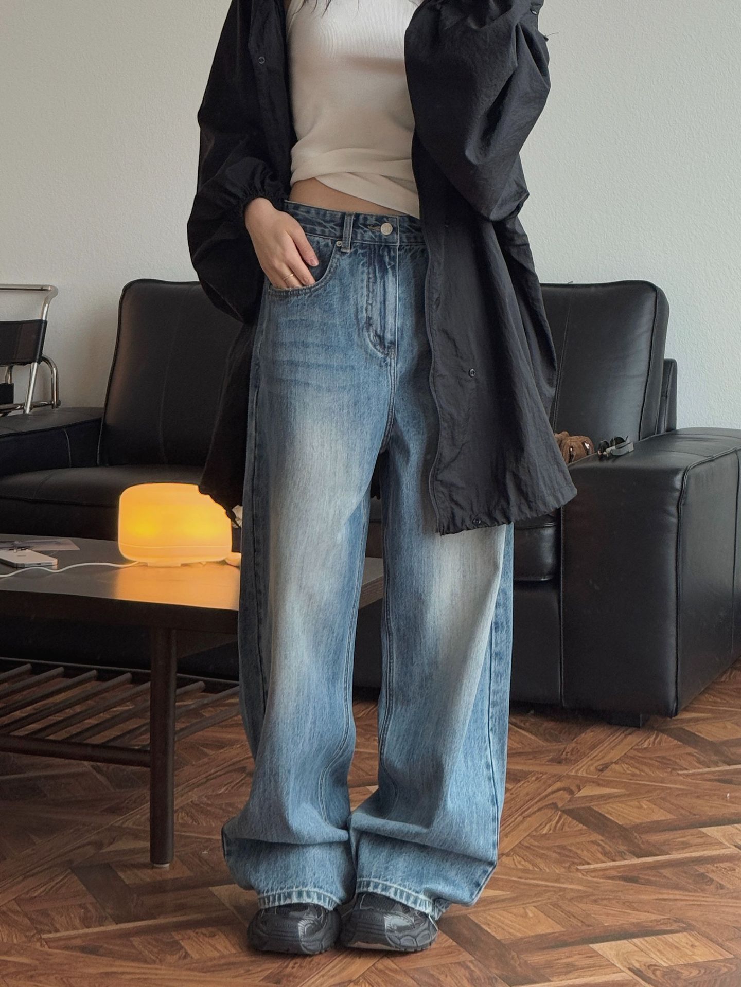 卢浮春夏新款美式复古磨白水洗牛仔裤宽松阔腿显瘦休闲长裤女详情19