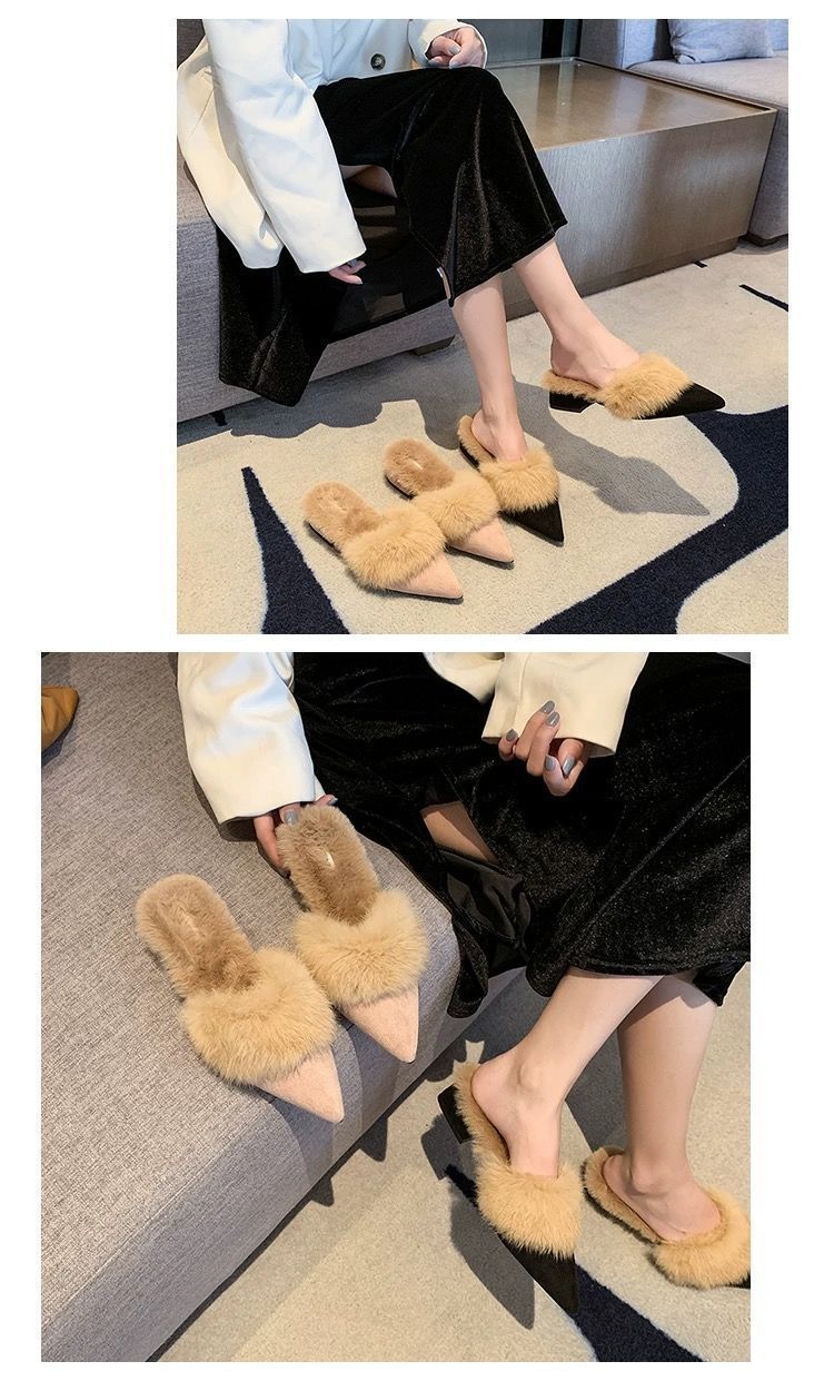 尖头毛毛棉拖鞋2025秋冬季新款日常软底一脚蹬包头半拖鞋加绒保暖详情7