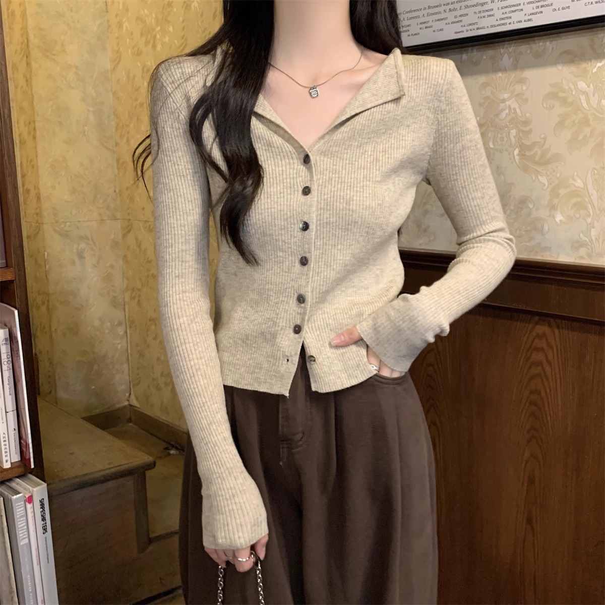 法式翻领长袖针织开衫女秋季2024新款小众设计感修身打底短款上衣详情28
