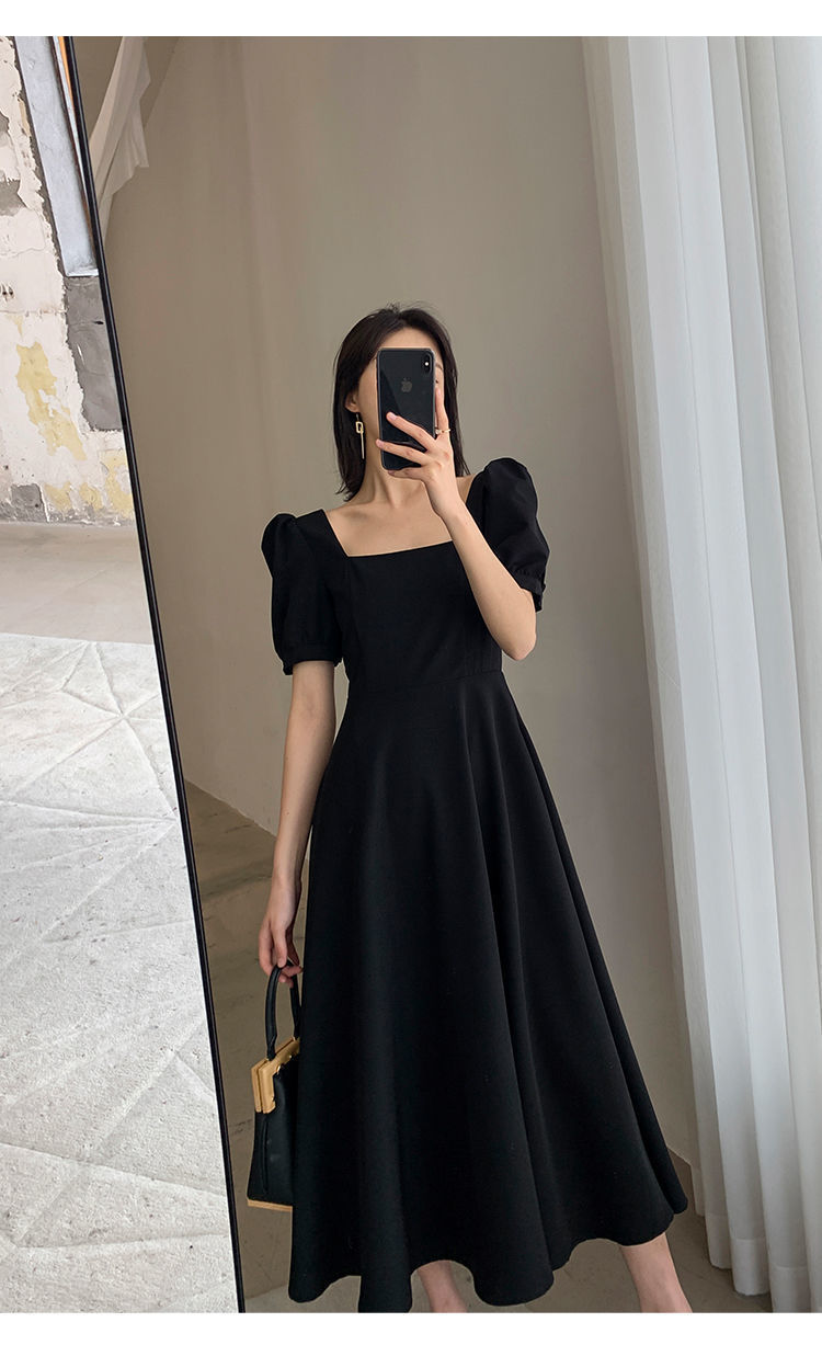 连衣裙2024夏新款ins茶歇裙气质一字领过膝长款赫本风胖mm小黑裙详情14