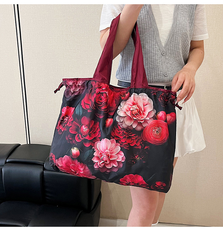 大容量花朵印花单肩包防水购物袋尼龙外出托特包时尚复古手提包详情28