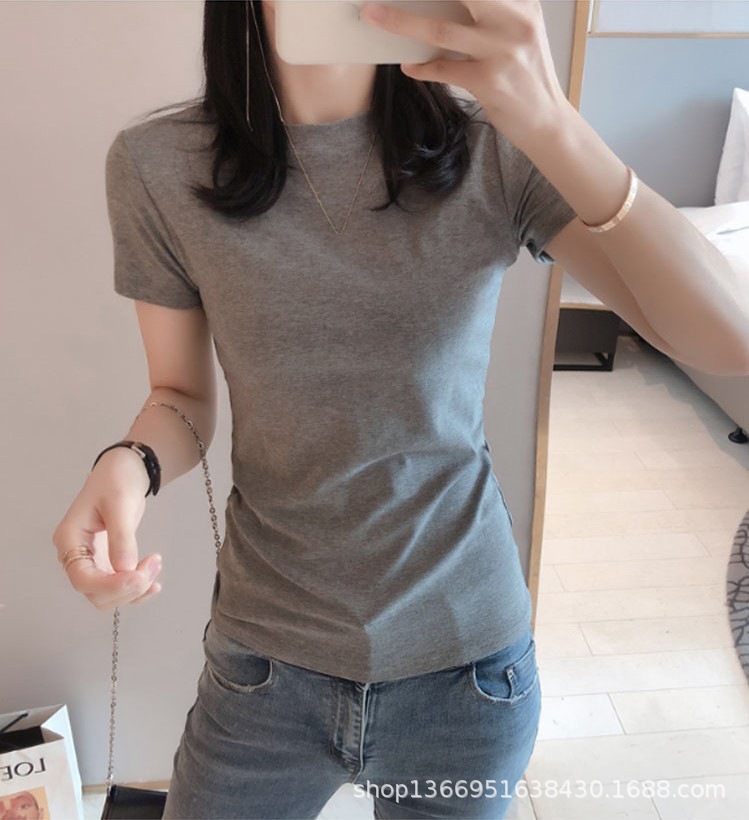 夏季重磅进口秘鲁棉圆领短袖t恤女 白色全棉修身韩版内搭厚打底衫详情6