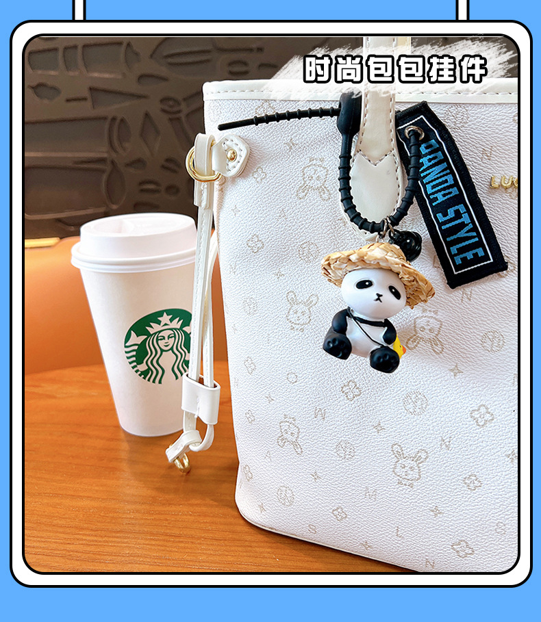 Wholesale of creative straw hat panda series keychains, exquisite and cute dolls, cartoon car schoolbags, pendants and small gifts pic 11