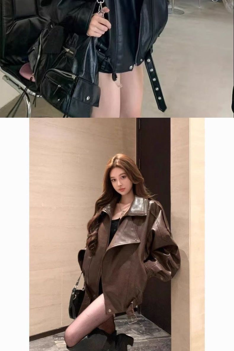 美式复古又酷又飒PU皮夹克外套女秋冬新款辣妹帅气宽松机车服上衣详情5