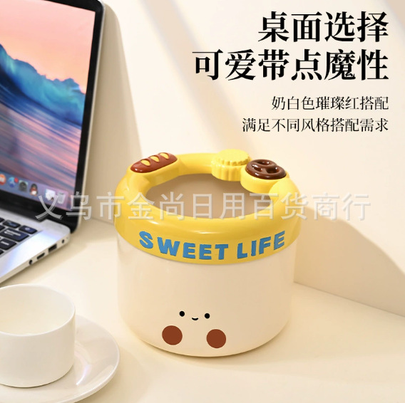 奶油萌趣桌面收纳桶可爱迷你带盖家用创意高颜值办公室桌面垃圾桶详情3