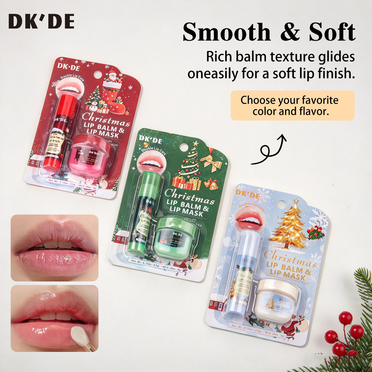 【 Cross-border Exclusive 】DKDE+ 3-color Christmas Lip Mask + Lipstick Set: Soft, firm, hydrating, Protective and anti-cracking pic 11
