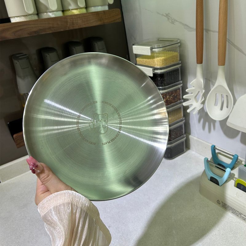Korean-style InS-style bear stainless steel plate, round plate, multi-functional plate, barbecue plate, tray, cute picnic plate pic 4