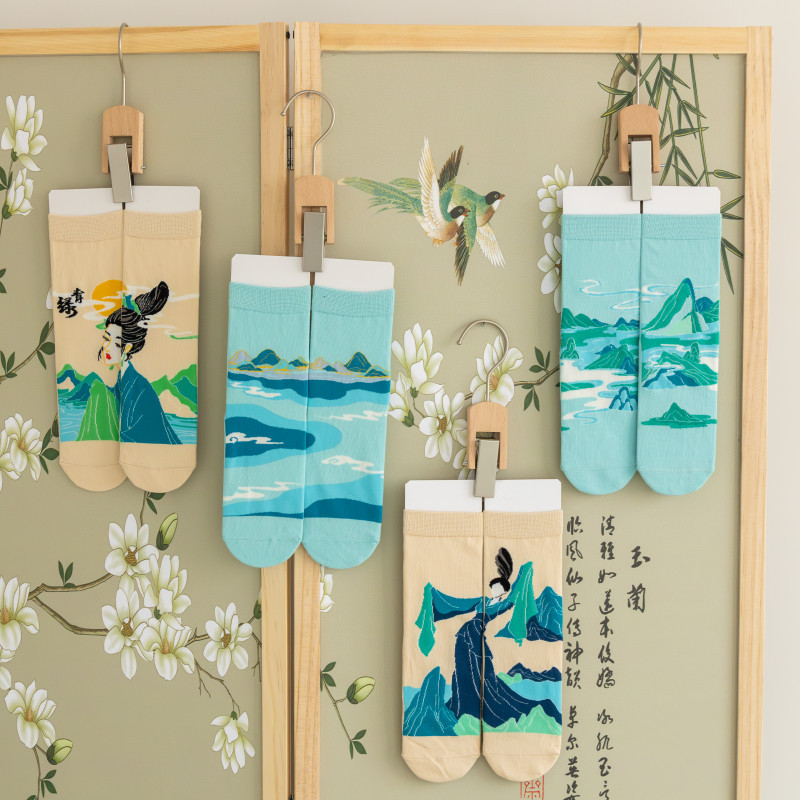 国潮袜子女原创设计古风水墨画AB鸳鸯女棉袜敦煌飞天白蛇传潮流中筒袜详情25