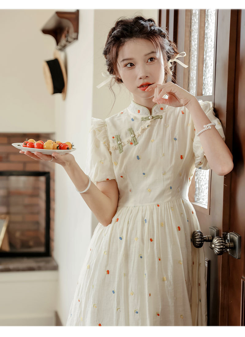 Improved cheongsam, new Chinese-style retro button-up, petite puffed-sleeve dress for women, summer long dress for export pic 23