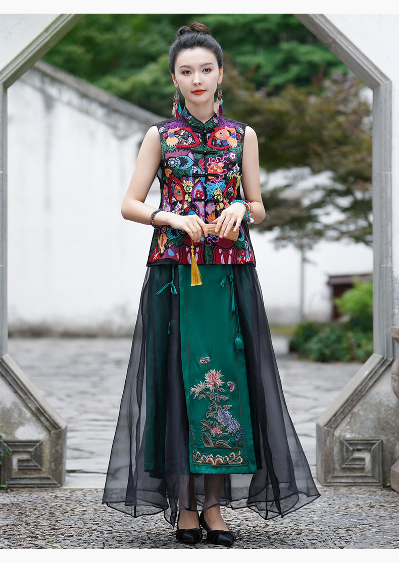 Ethnic style, new Chinese-style national trend, Tencel elastic waist, large swing skirt, long skirt, embroidered flower horse face skirt, A-line skirt pic 10