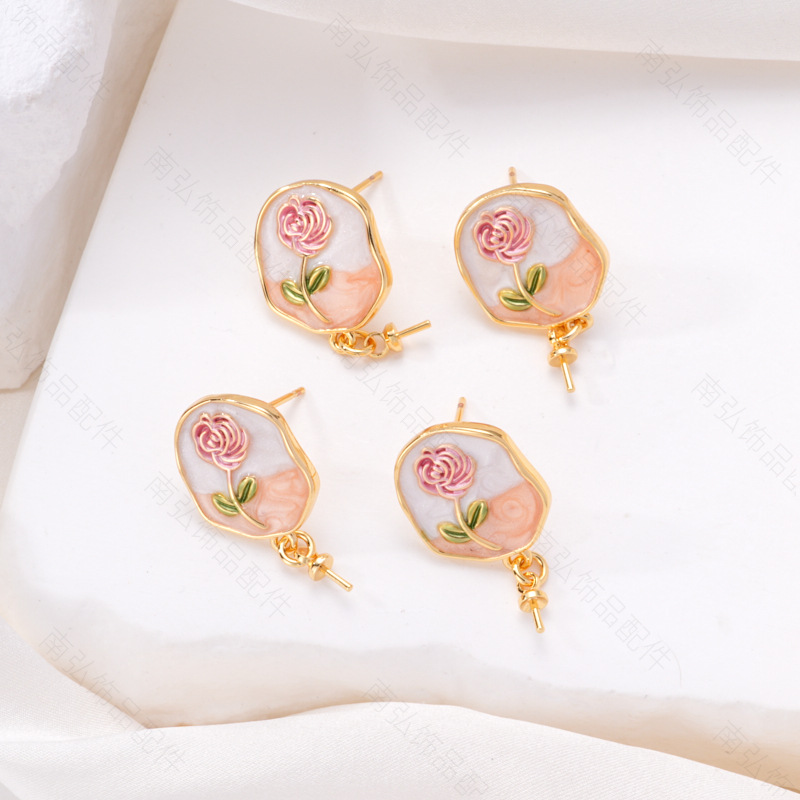 S925 Silver Needle Pearl Ear studs, ear studs, peach rose, Monet oil, vintage oil painting, Chinese style diy copper accessories pic 10
