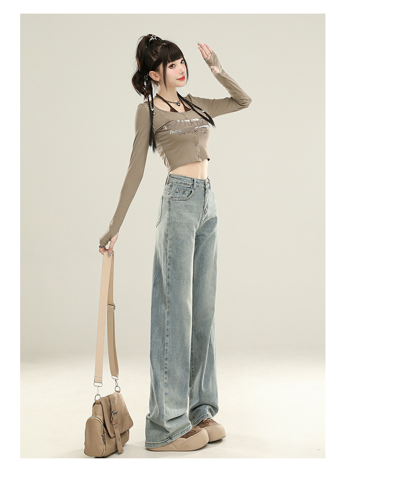 怀旧蓝直筒裤牛仔裤女秋季2025新款高腰显瘦垂感宽松窄版阔腿裤子详情15