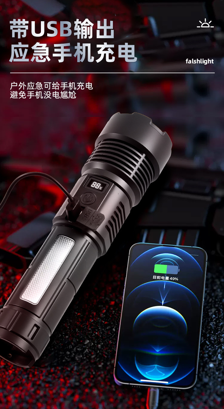 跨境30W白激光手电筒 内置TYPE-C充电带电量显示/笔夹 远射手电筒详情13