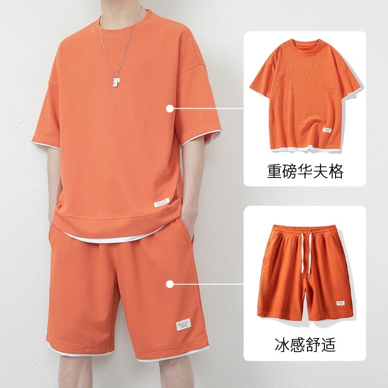 华夫格休闲套装男士夏季青少年大码男装运动短袖短裤搭配一套T恤详情13