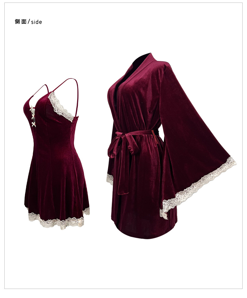 Feiyun velvet lace patchwork retro sexy pajama set, halter dress and outer robe two-piece set, available in multiple colors, 777 pic 18