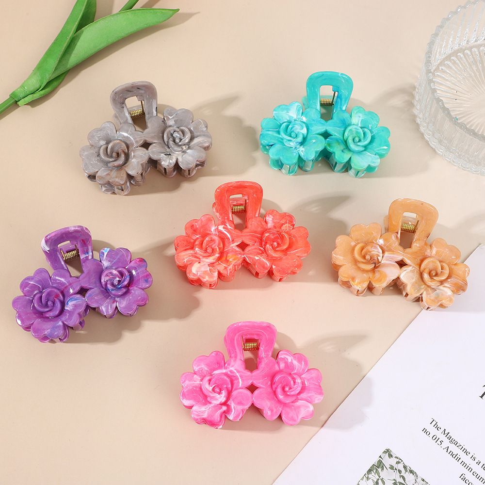 8cm创意玫瑰发爪渐变糖果色双花发饰立体发夹头饰抓夹鲨鱼夹跨境详情2