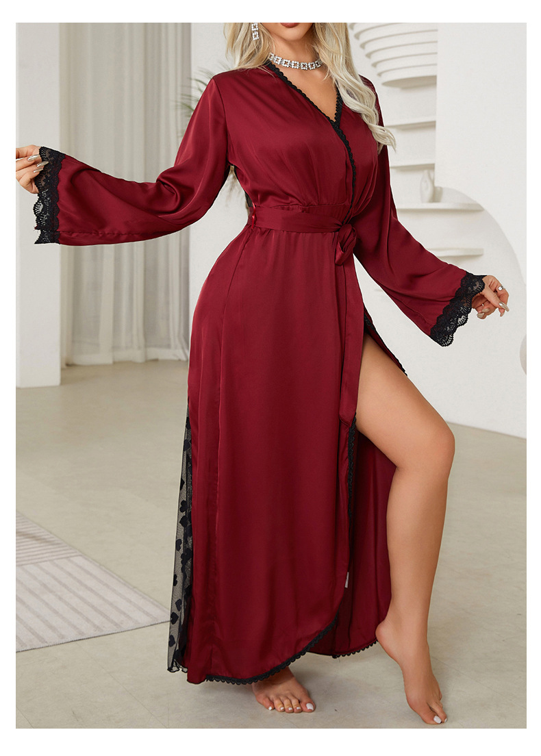 New cross-border light luxury long-sleeved V-neck satin lace patchwork long bathrobe, bathrobe and home wear for women, 657 pic 19