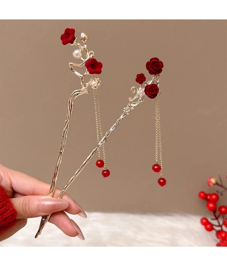 红色新年发簪新中式后脑勺盘发高级感簪子古风高级感步摇流苏发饰详情23