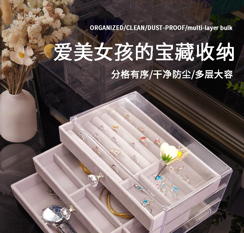 Three-layer jewelry storage box, transparent acrylic velvet checkered jewelry necklace, ring and bracelet storage and organization box pic 1