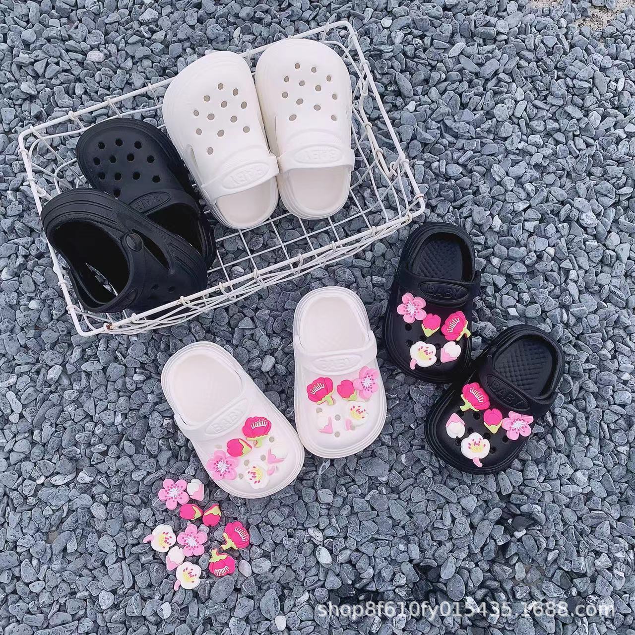 跨境儿童桃花DIY洞洞鞋卡通夏季防滑男女小孩可爱室外包头软底凉拖鞋详情1