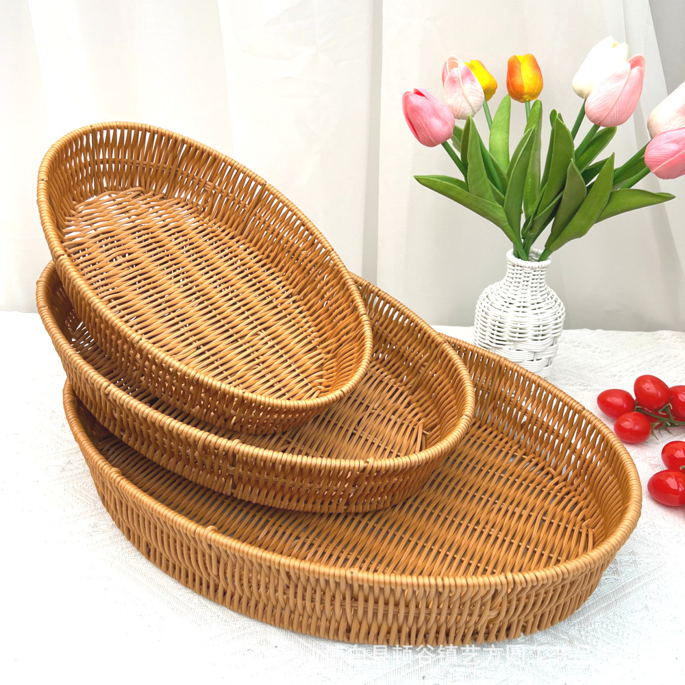 手工编织仿藤塑料圆形水果篮子零食面包收纳筐家用储物杂物工艺品礼品民间竹编详情4