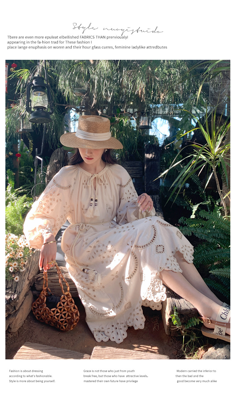 Real photo of a retro, gentle, cut-out embroidered V-neck apricot-colored dress, 2025 new seaside vacation style long-sleeved umbrella dress pic 17