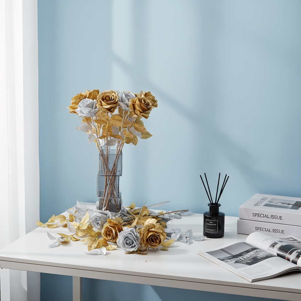 跨境专供金布丝印玫瑰叶金玫瑰叶银玫瑰叶丝花配件人造假花仿真叶详情3