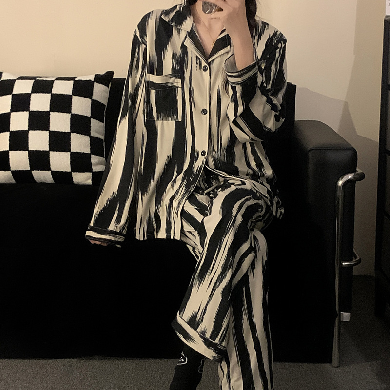 批发情侣睡衣春秋长袖长裤套装2023厂家新款水墨条纹家居服可外穿详情6