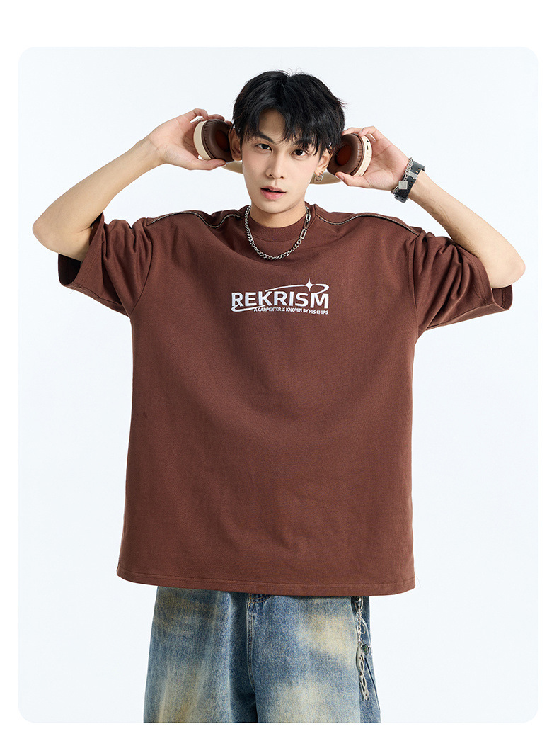 Heavy cotton short-sleeved T-shirt for men, Spring/Summer 2025, American letter print zipper design, loose and versatile base layer pic 11