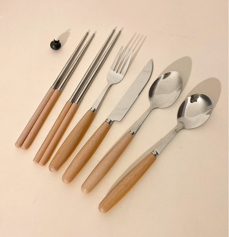 跨境日式不锈钢牛排刀叉勺子创意木柄甜品小勺小叉水果叉西餐餐具详情8