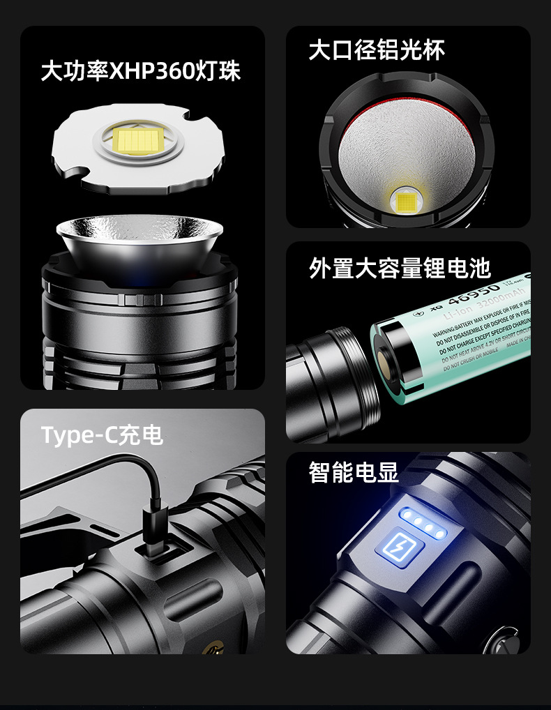 抖音爆款XHP360远射强光手电筒 多功能46950电池应急照明手电批发详情5