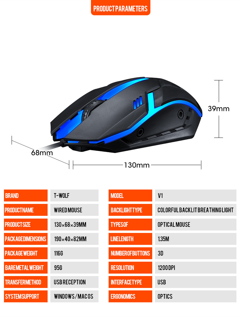 T-WOLF雷狼V1有线鼠标USB游戏发光电脑笔记本家用办公工厂鼠标详情13