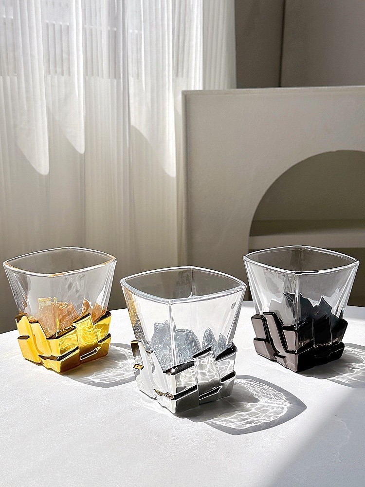 Creative light luxury glass cups, high-end water cups, whisky cups, space gold ice cube cups, artistic limited edition wine glasses pic 8