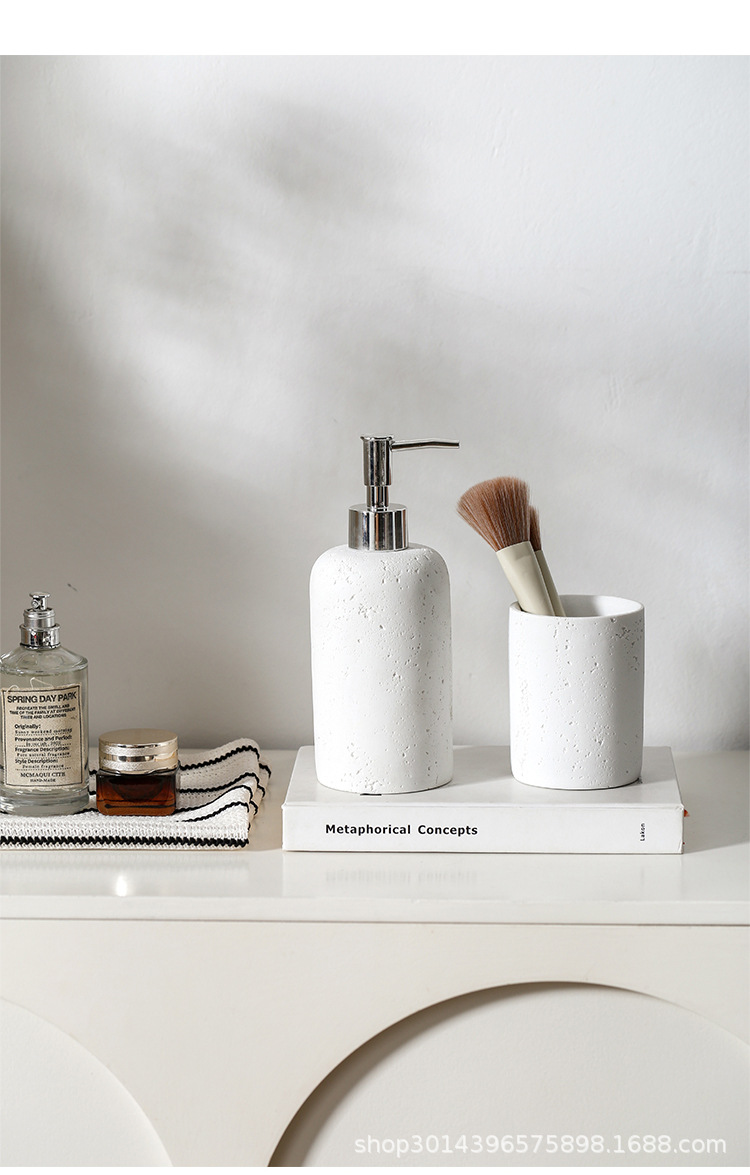 Wabi-sabi wind Tunnel Stone Storage seven-piece set: mouthwash cup, toothbrush holder, lotion bottle, perfume bottle, soap dish tray, washbasin pic 6