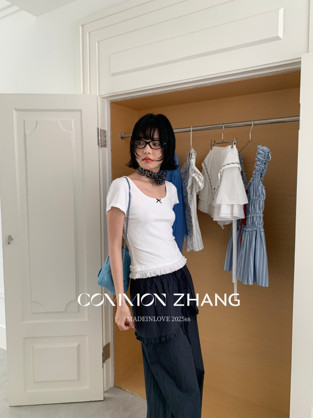 CZ ZHANG夏季韩版少女感减龄蝴蝶结拼接U领纯色天丝短袖T恤B20757详情16