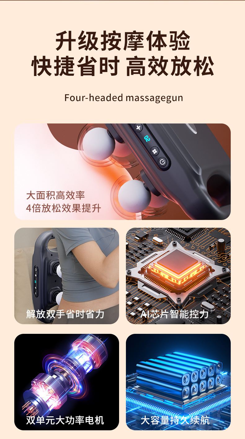 跨境充电四头筋膜枪按摩器专业级腰背深层高频震动肌肉放松按摩枪详情2