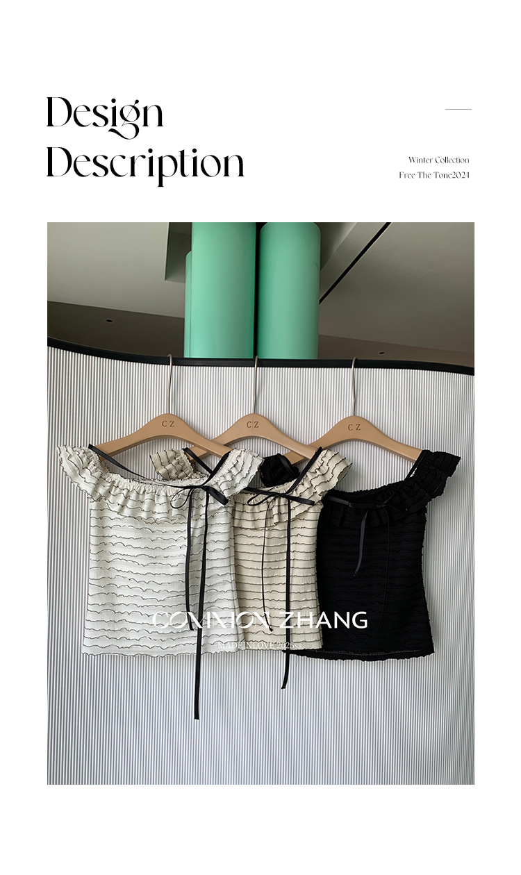 CZ ZHANG Summer French lace one-shoulder off-the-shoulder, contrasting color striped waist-cinching slim shirt B23795 pic 2