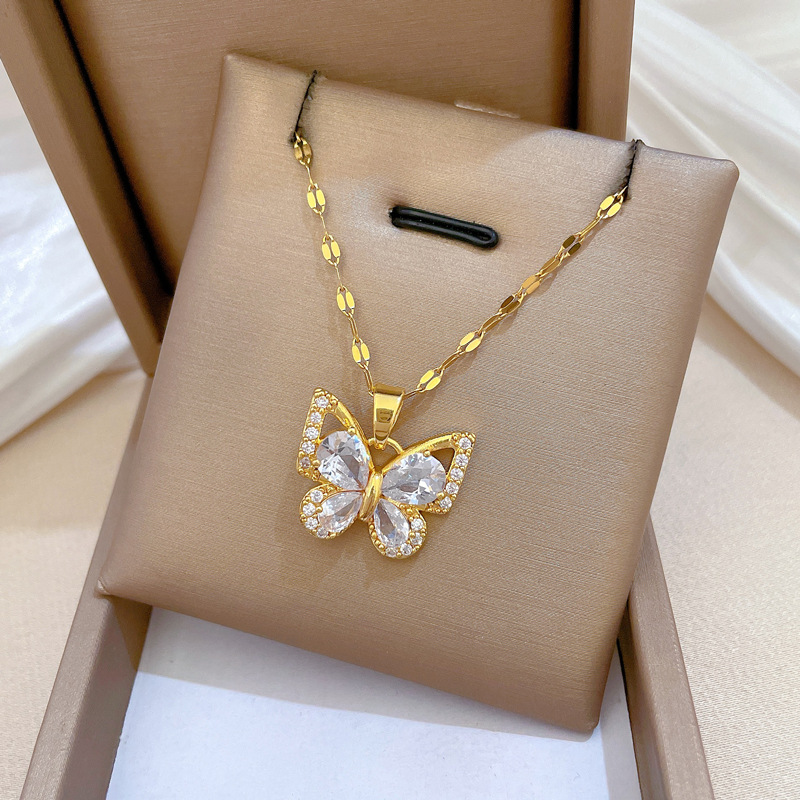 【钛钢】锆石蝴蝶项链耳环套装轻奢微镶个性气质宴会耳饰项饰组合详情12