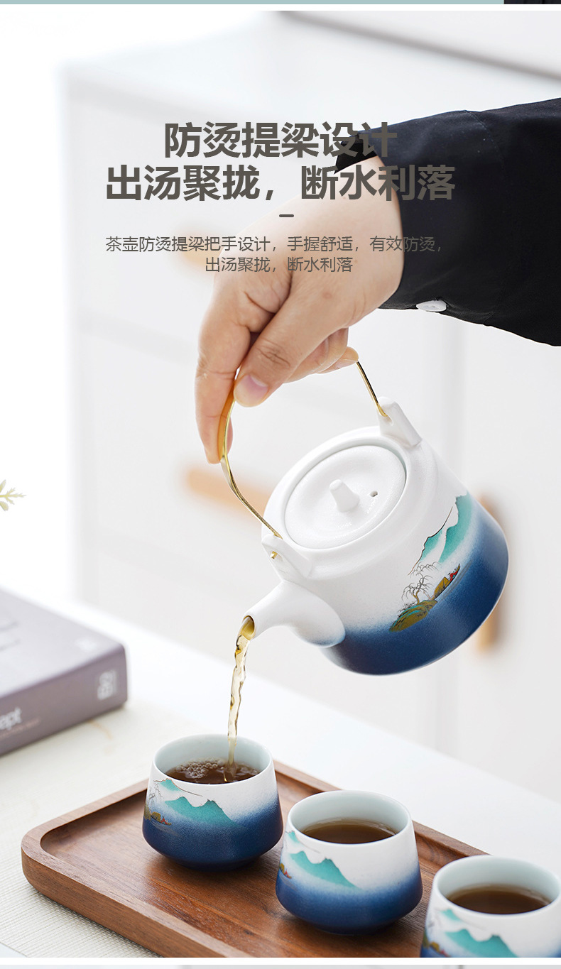 Japanese-style kung Fu tea set, landscape handle teapot with can, business gift set, company opening event souvenir pic 5