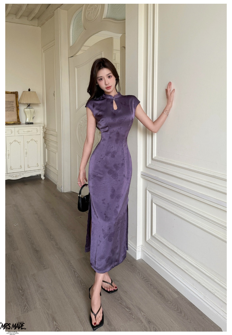 紫色缎面改良旗袍女2025春夏绝美新中式蝴蝶连衣裙详情5
