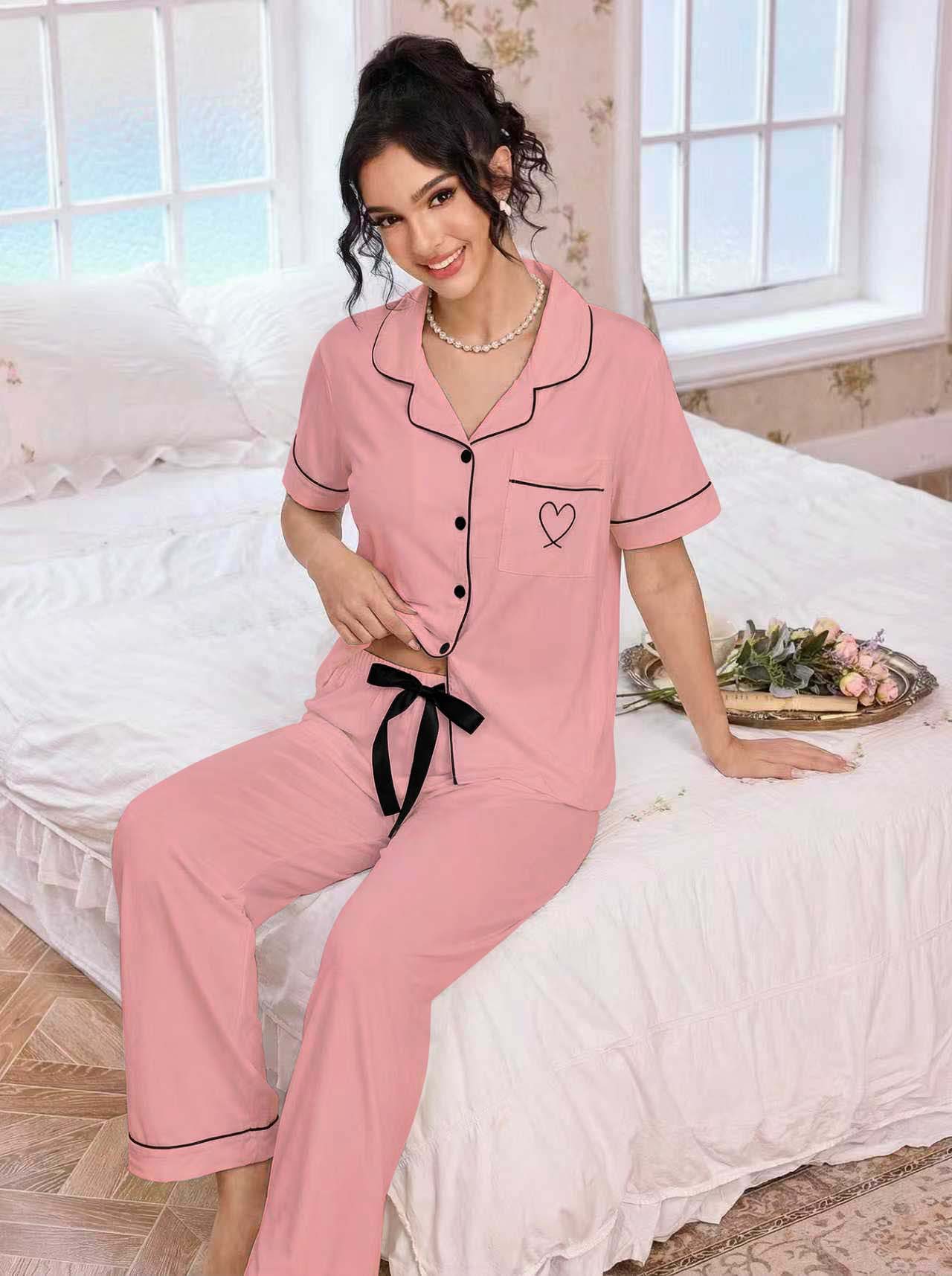 亚马逊欧美家居服套装翻领开衫短袖长裤爱心绣花睡衣女外贸独立站详情13