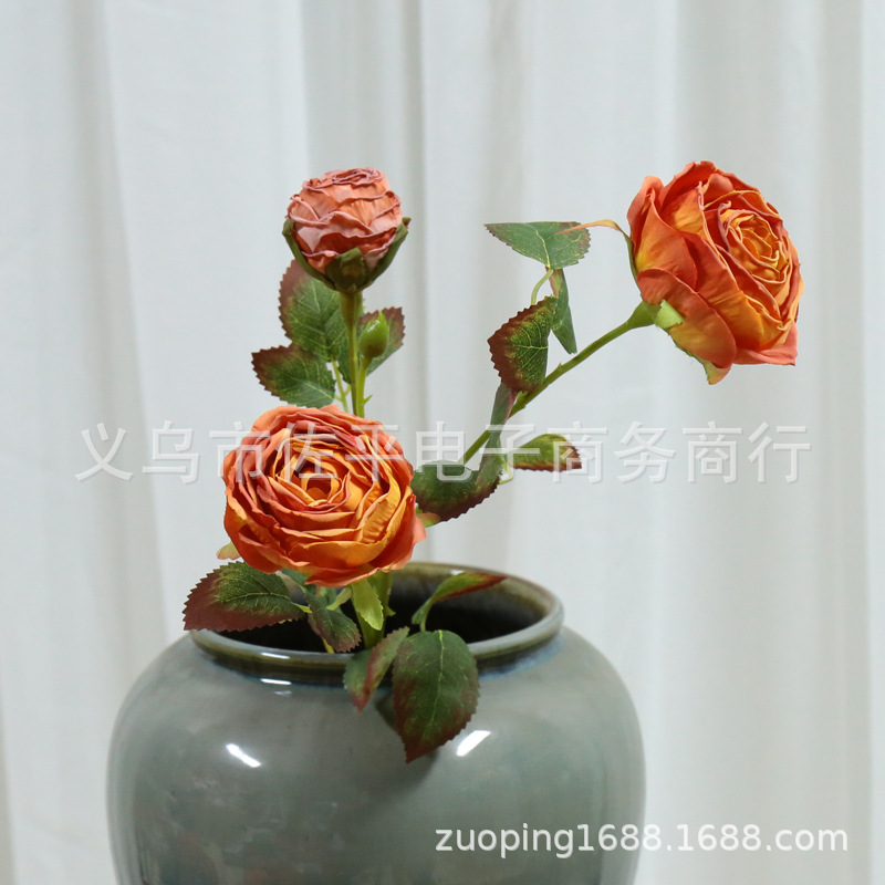 3头烤边玫瑰仿真花家居客厅装饰绢花玫瑰花拍摄道具花橱窗花批发详情14