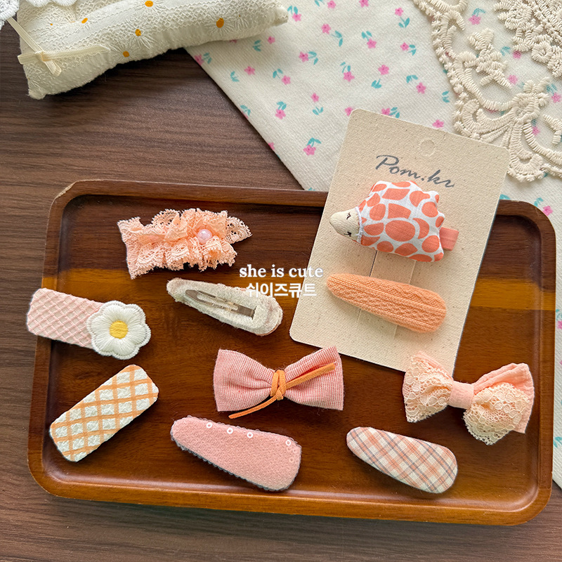 新款韩版布艺蝴蝶结发夹橘色鸡蛋花格纹少女百搭甜美侧边夹刘海夹详情4